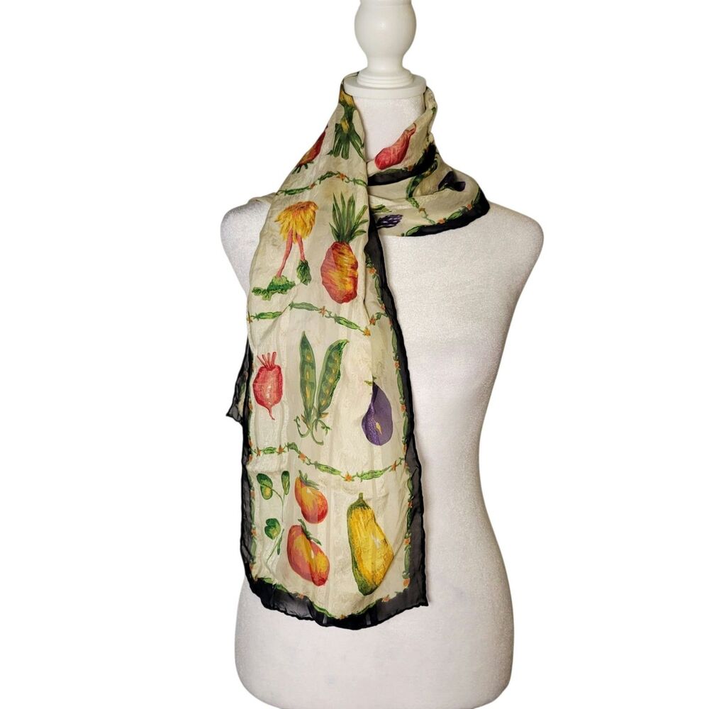 Vtg 90s Bill Blass Silk Scarf Oblong Beige Vegetable Botanical Print Grandmacore